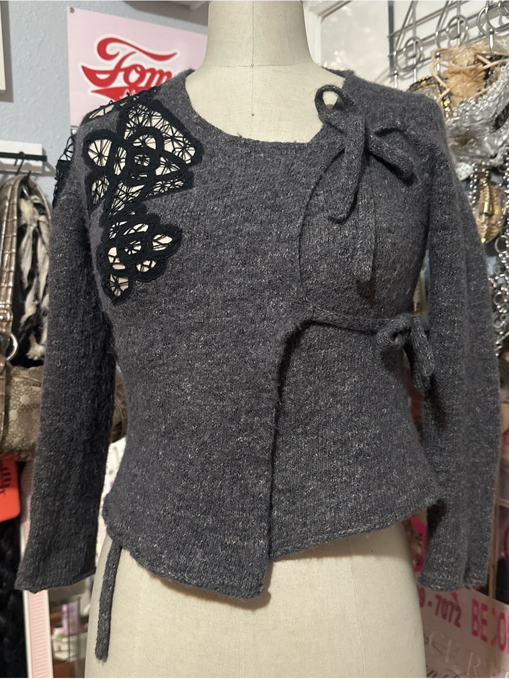 Anthropologie Moth Wool Wrap Sweater Gray Lace Appliqué Bohemian Cardigan